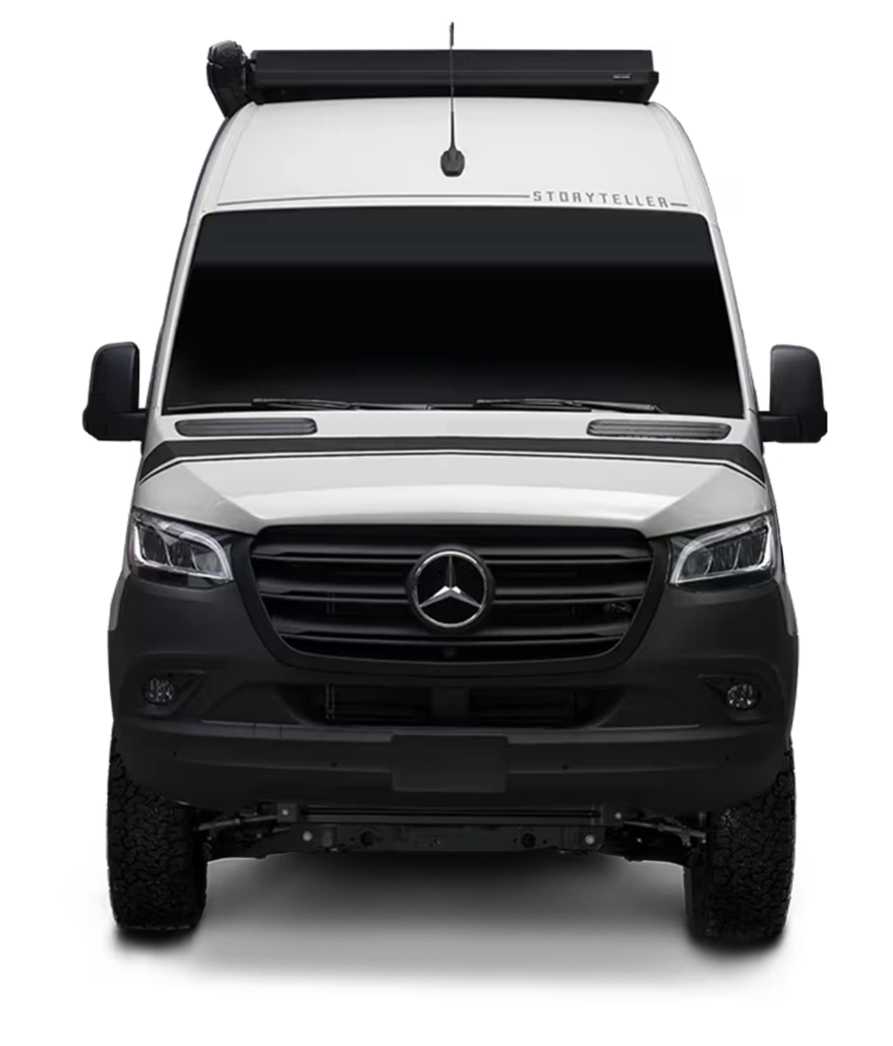 Front view of white Sprinter camper van, 4x4 adventure van, offroad expedition vehicle