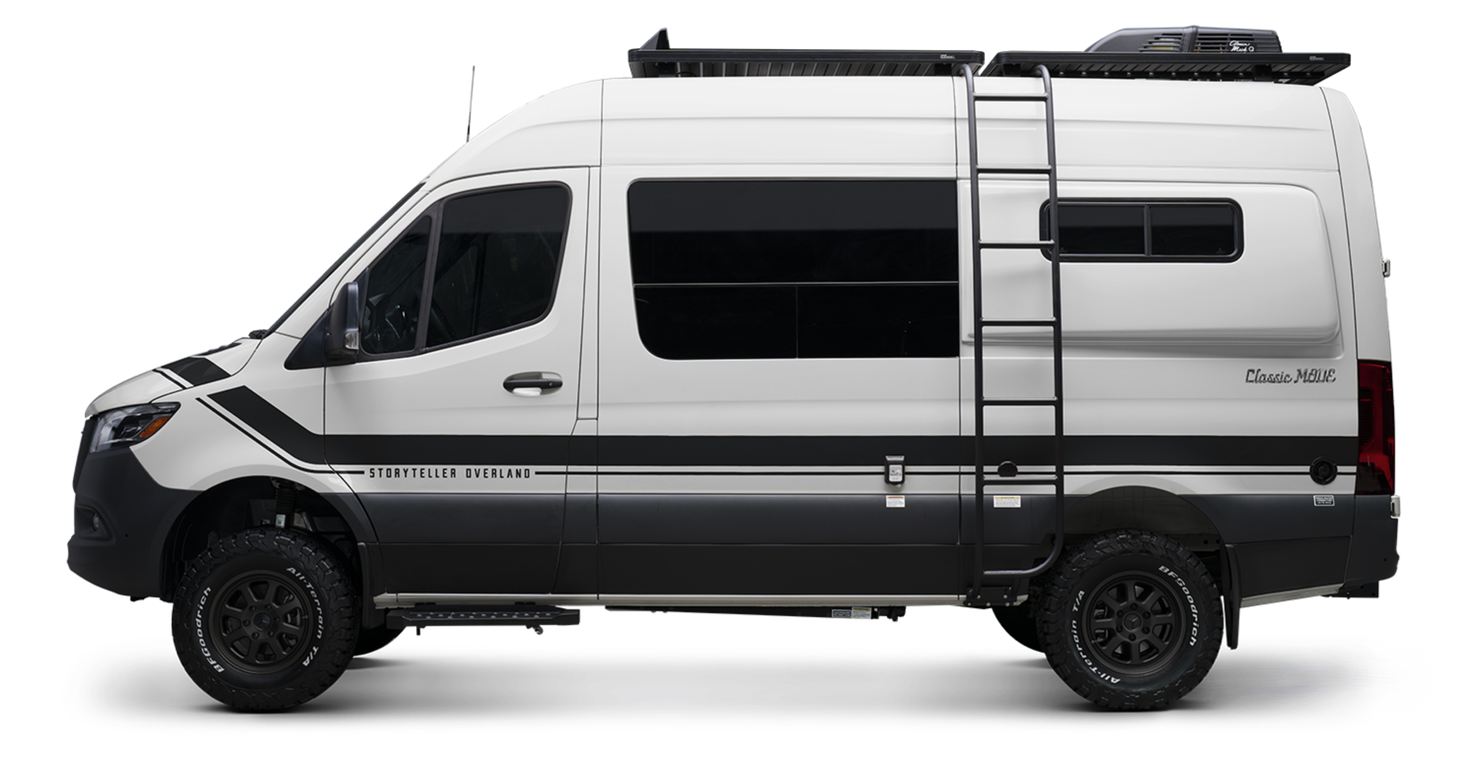 Classic MODE adventure van side view, Sprinter 4x4 campervan with ladder and roof rack