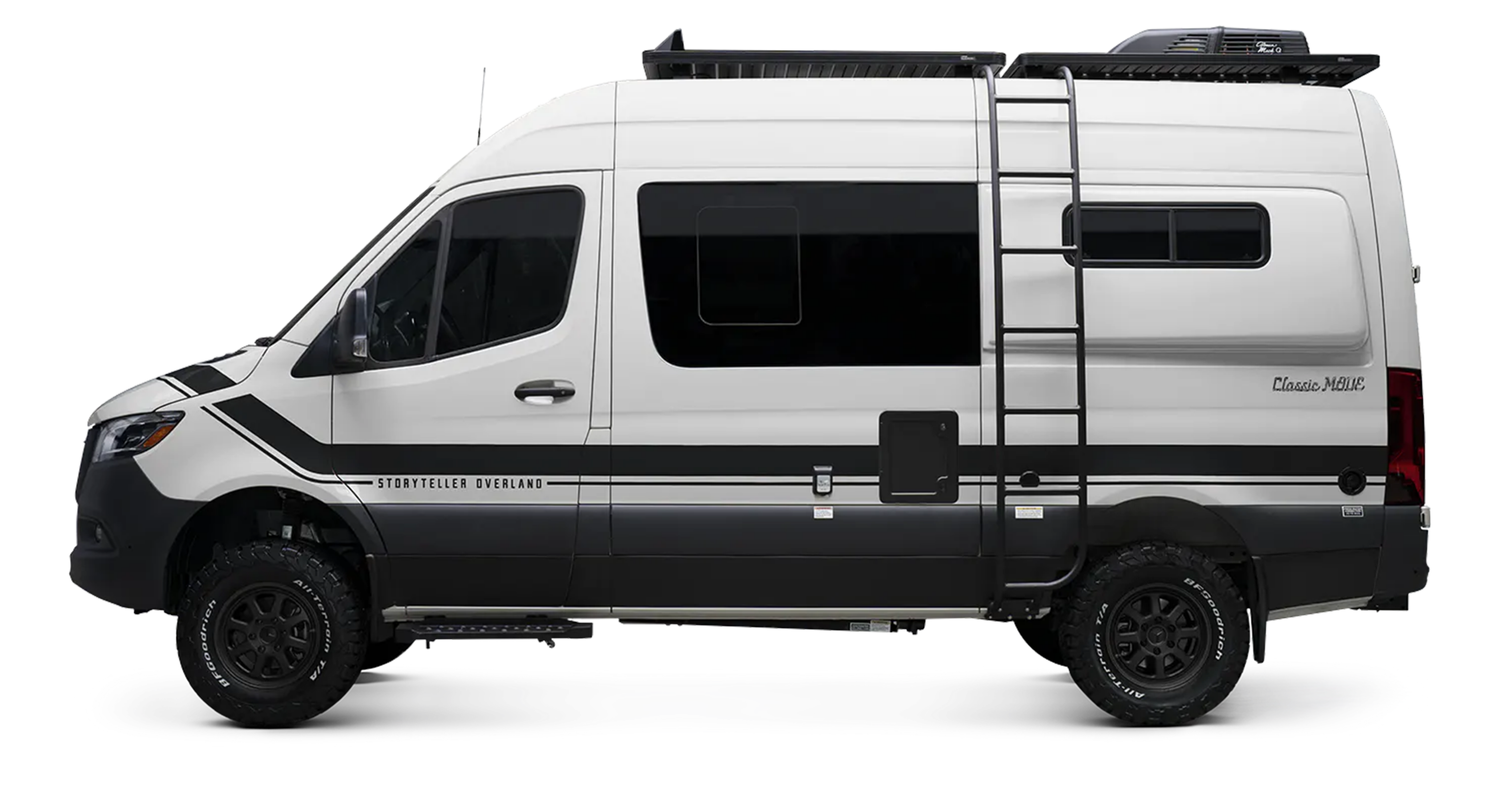 Side view of Classic MODE Sprinter 4x4 camper van with offroad tires and ladder, adventure van