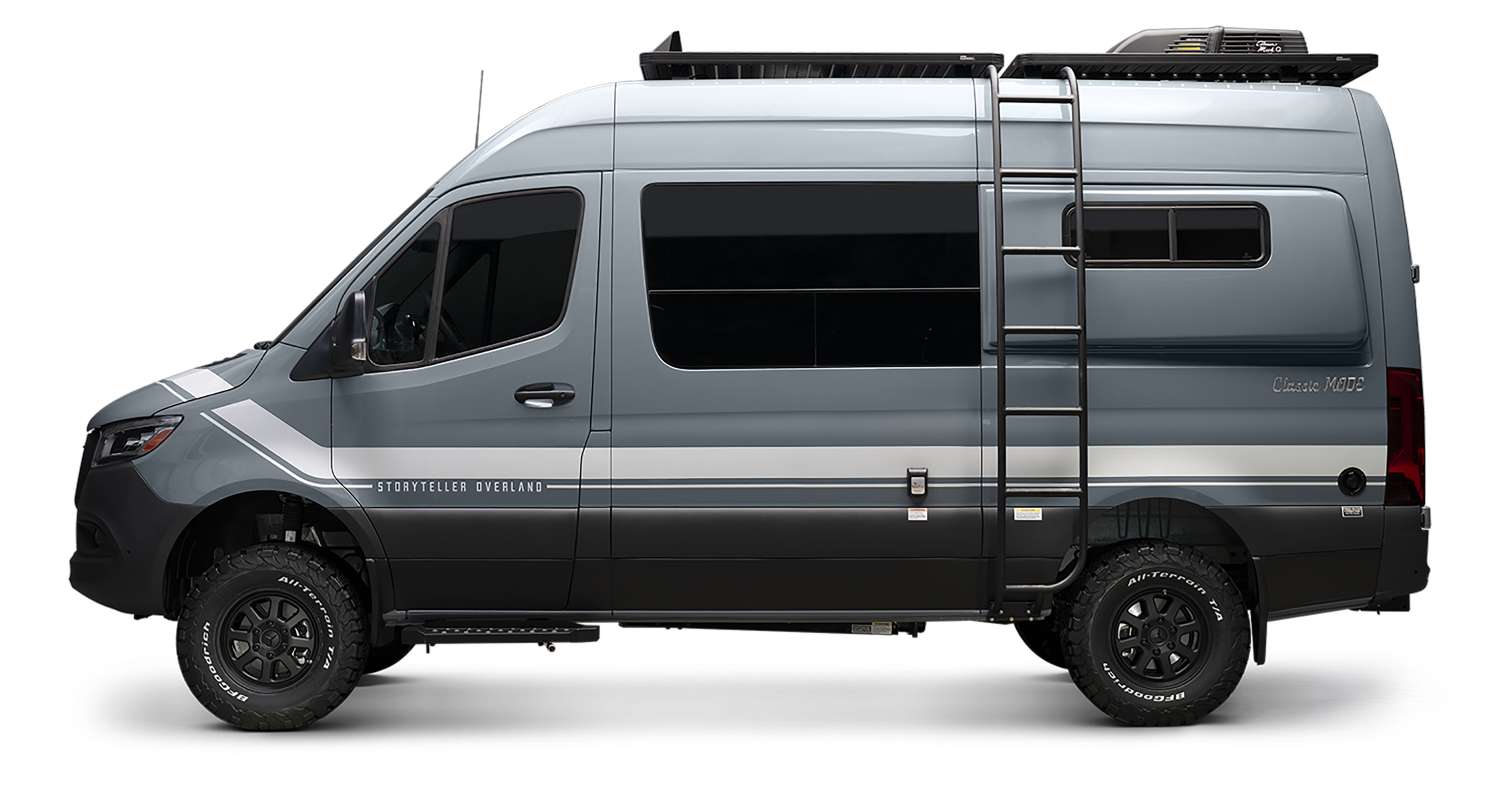 Classic MODE adventure van, blue-gray Sprinter 4x4 camper van with ladder and roof rack