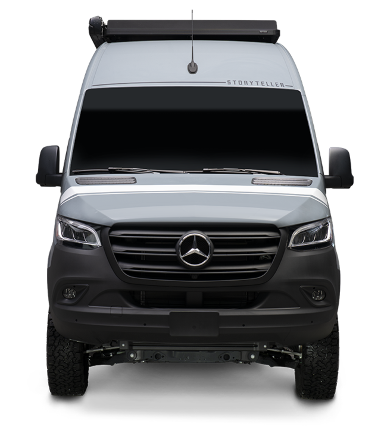 Front view of blue-grey Classic MODE camper van, Sprinter 4x4, adventure van for overlanding.
