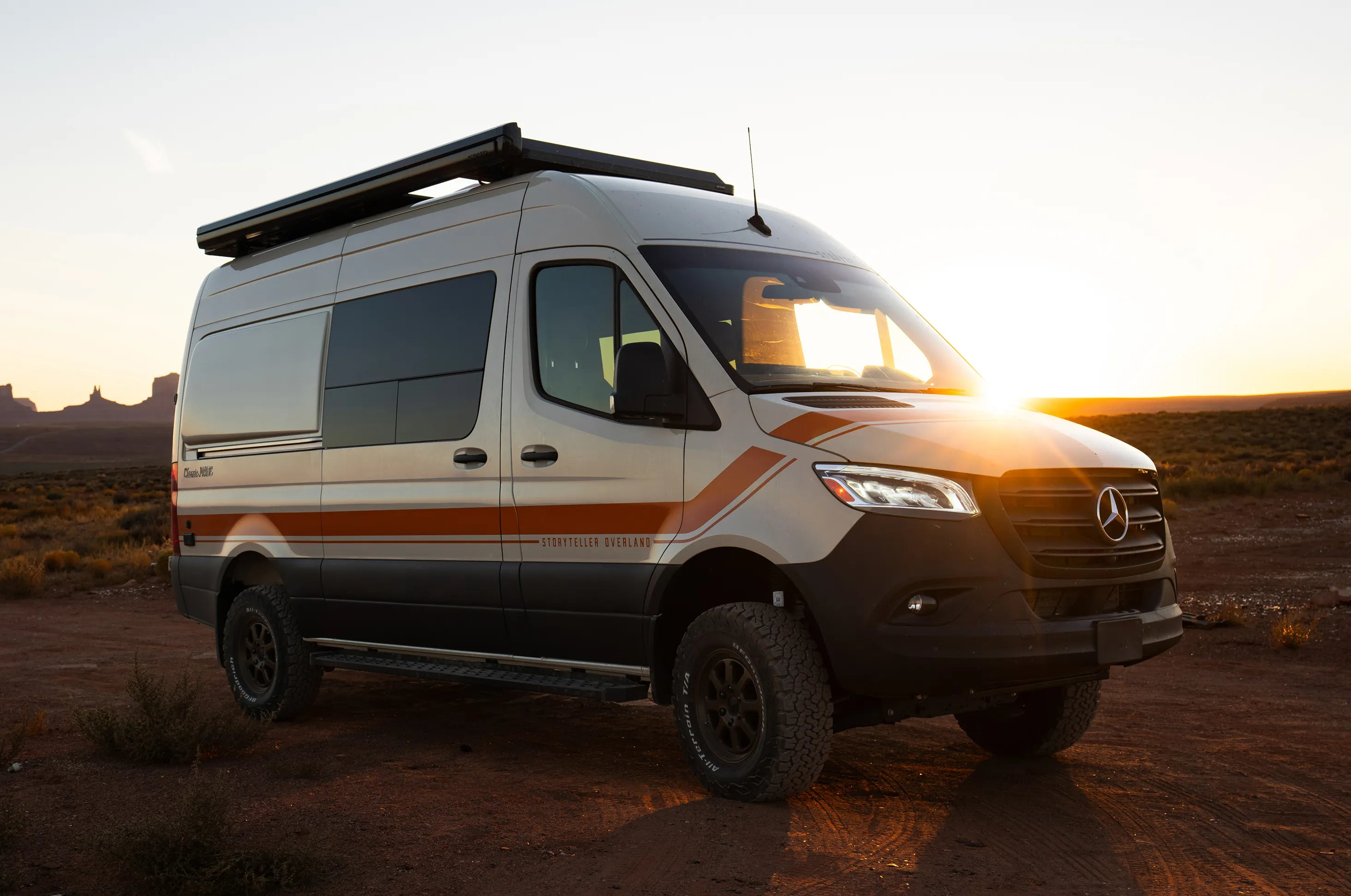 Classic MODE 4x4 Sprinter camper van for overlanding and adventure travel at desert sunset