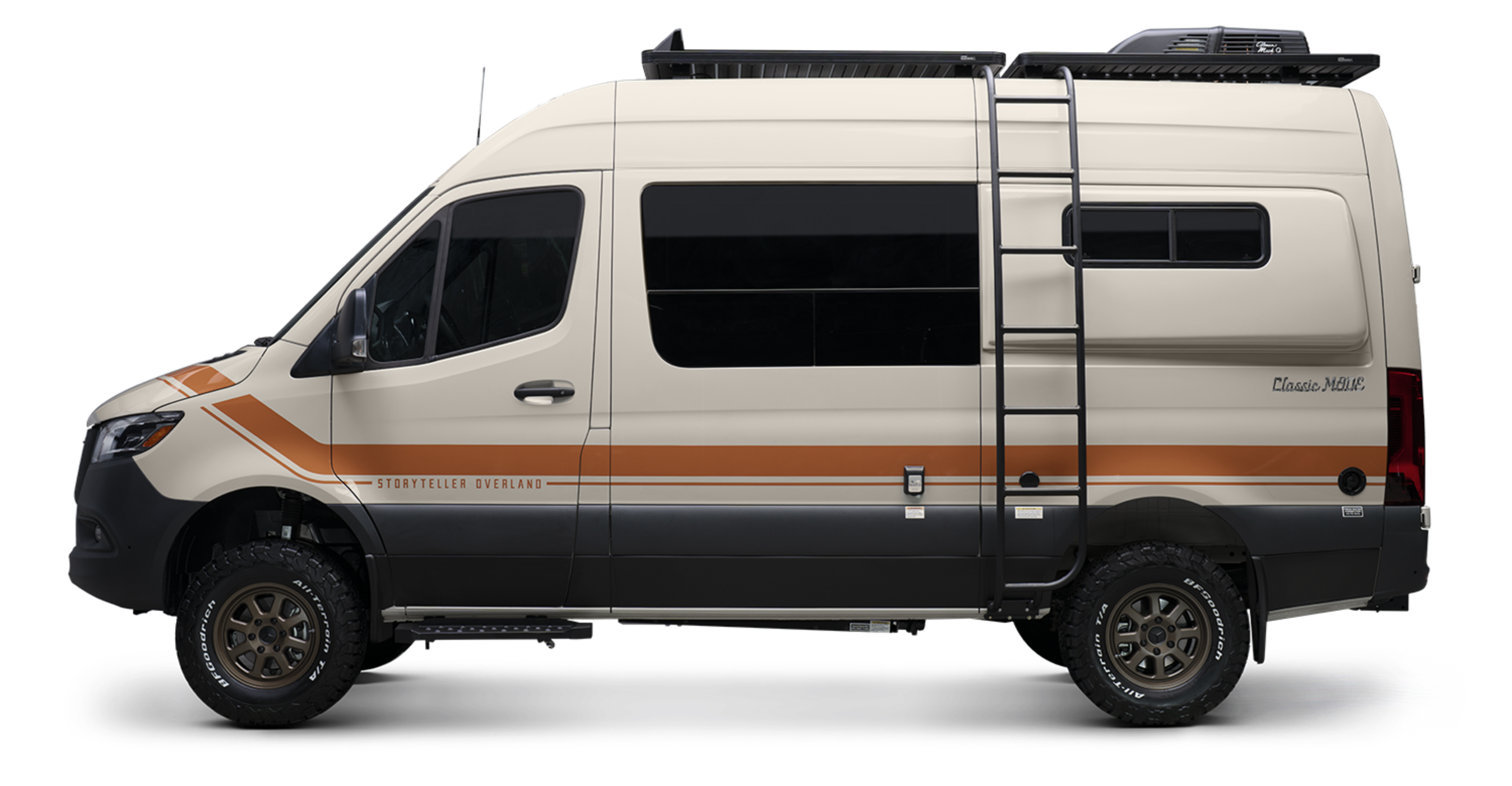 Classic MODE van side view, Sprinter 4x4 adventure van with rugged tires, ladder, overland campervan