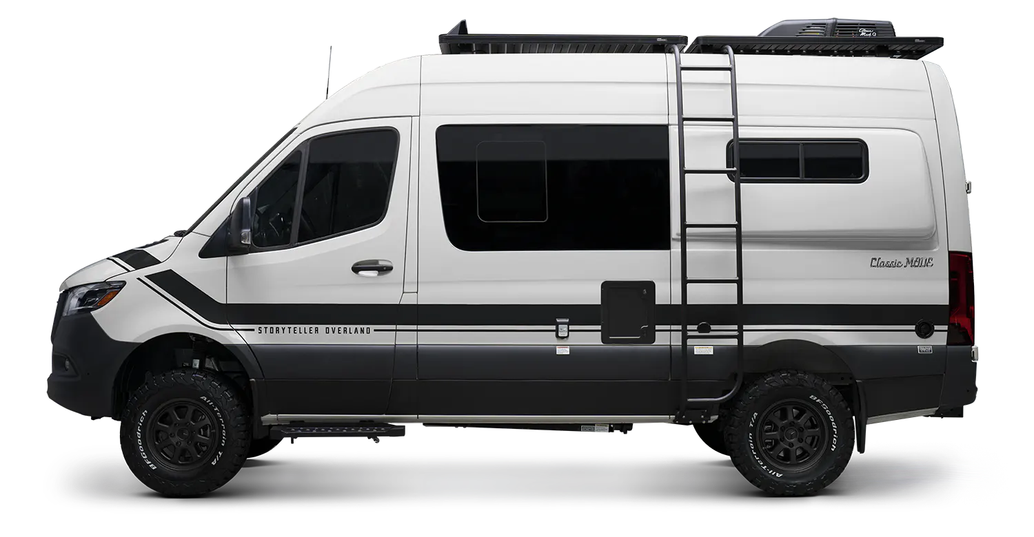 Classic MODE 4x4 Sprinter camper van side view with roof rack, ladder, offroad tires, adventure van