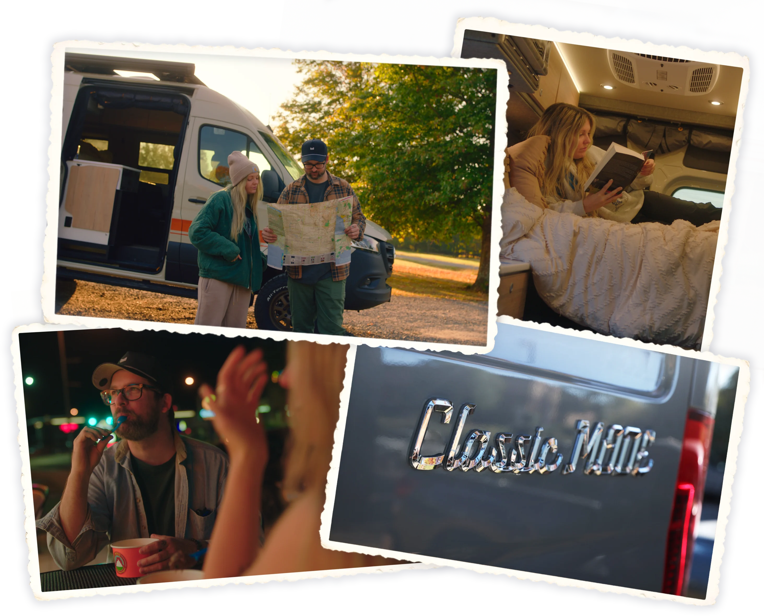 Collage of Classic MODE camper van adventure, overlanding, vanlife, and road trip scenes.