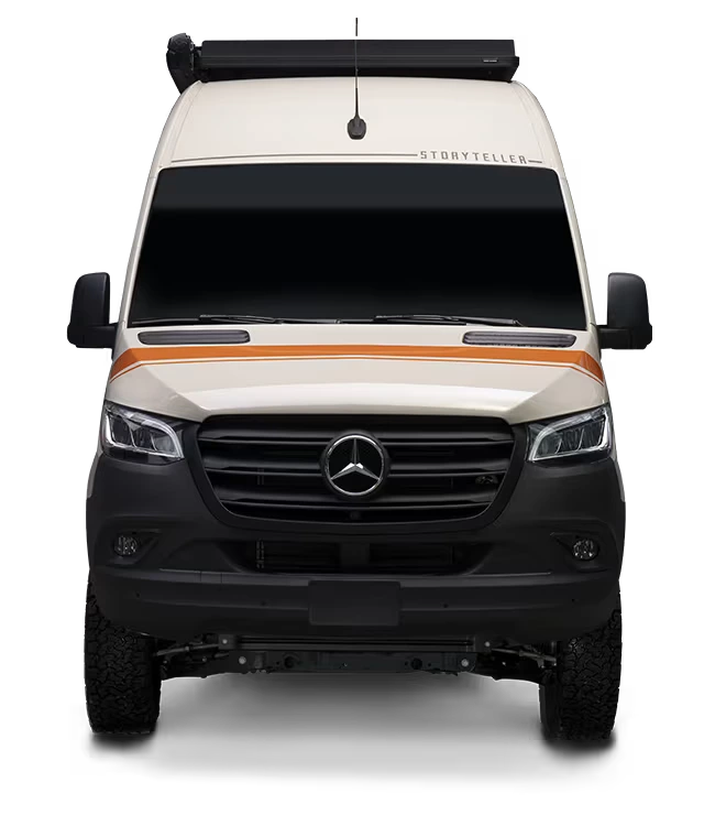 Front view of Classic MODE 4x4 adventure van, Sprinter camper van, ideal for overlanding and vanlife.