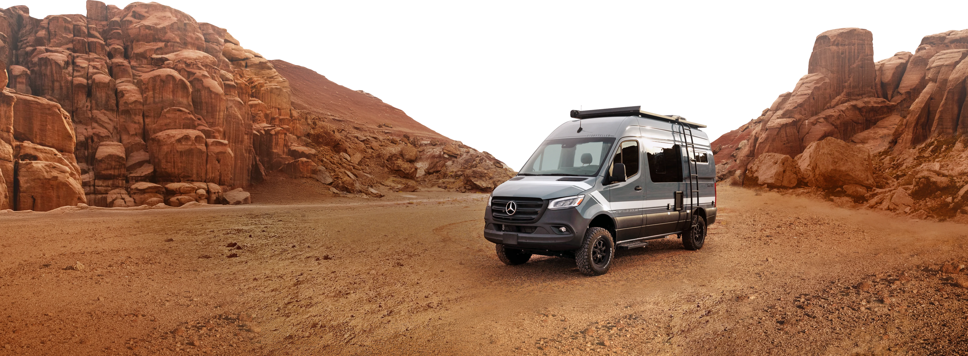 Offroad adventure van, Sprinter 4x4 campervan on rocky desert terrain, ideal for vanlife and overlanding