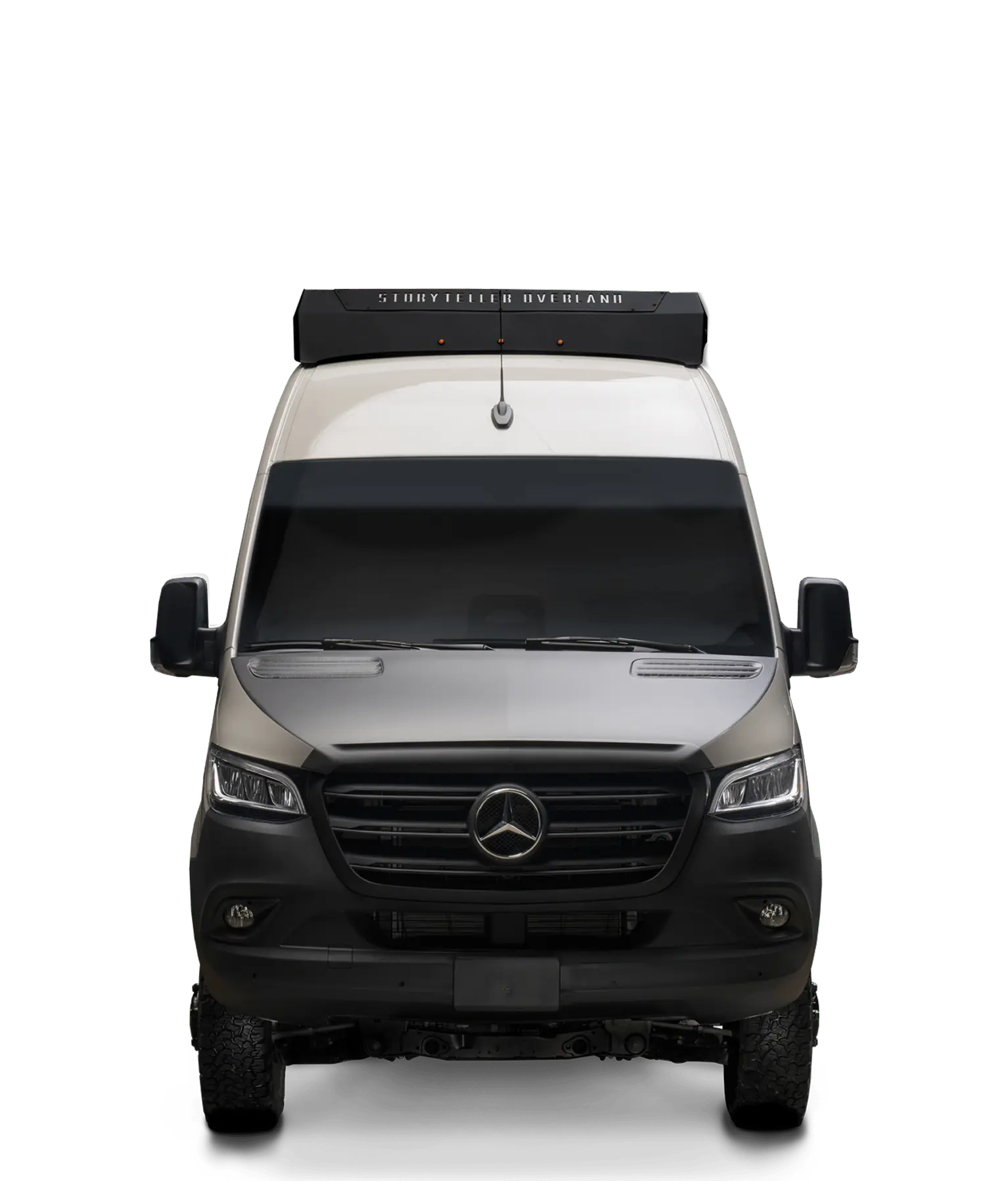 Front view of pebble grey Sprinter 4x4 camper van, offroad Overlanding adventure van