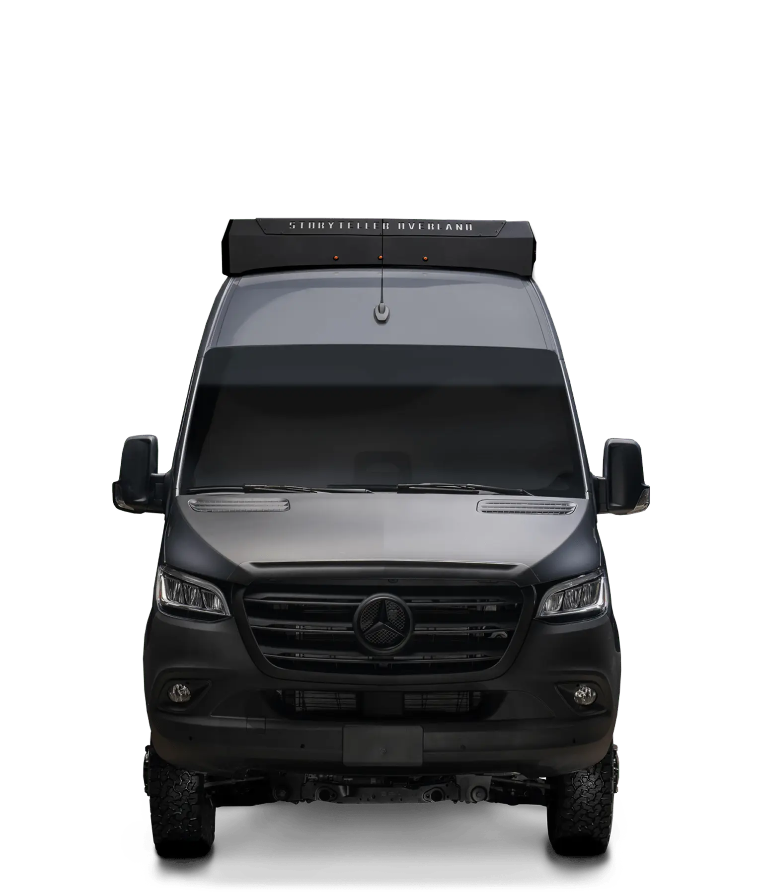 Front view of selenite grey Sprinter 4x4 camper van, overland adventure rig for vanlife