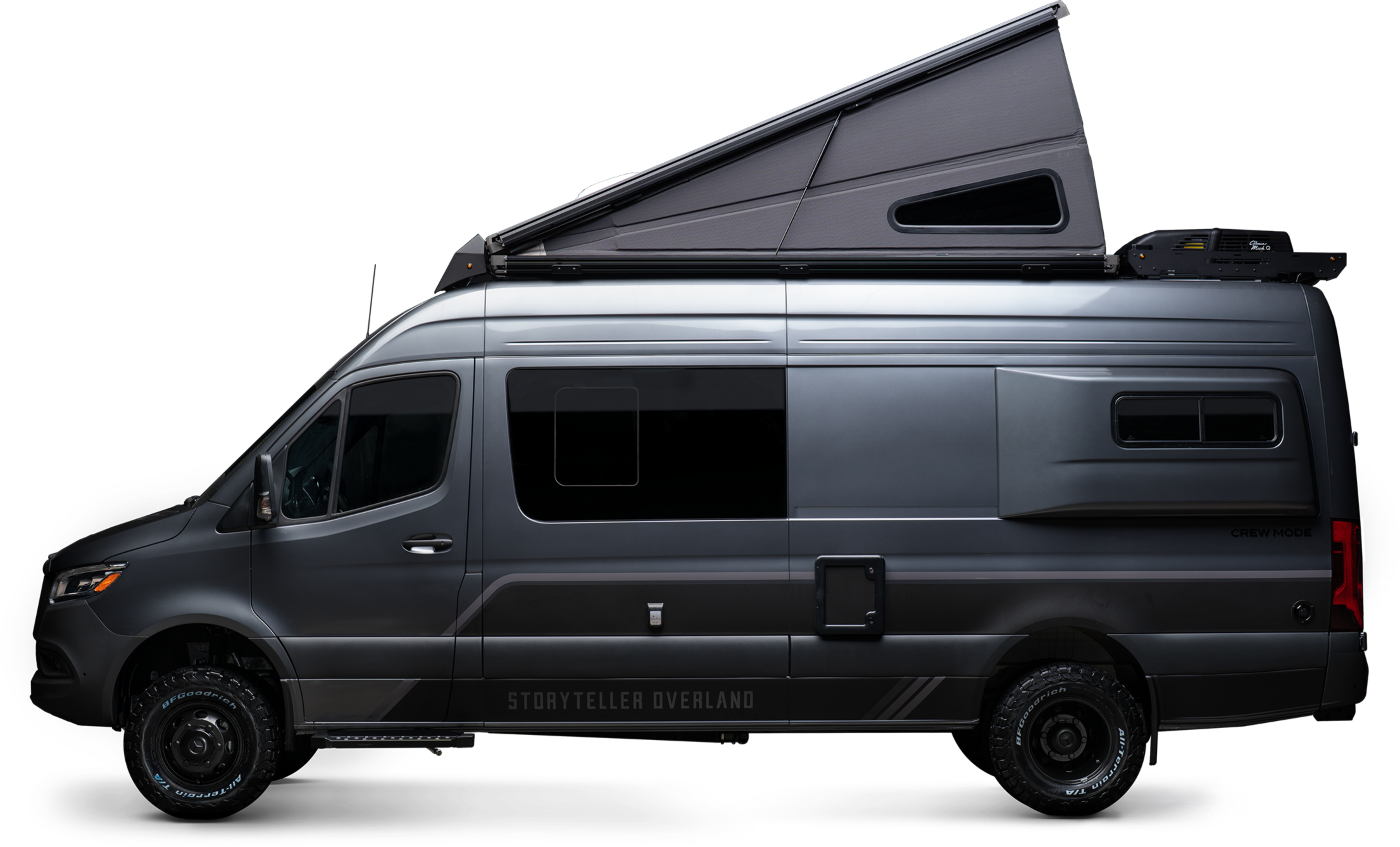 Side view of a matte gray Sprinter camper van with pop-top roof, ideal for overland adventure travel, vanlife, and offroad expeditions.