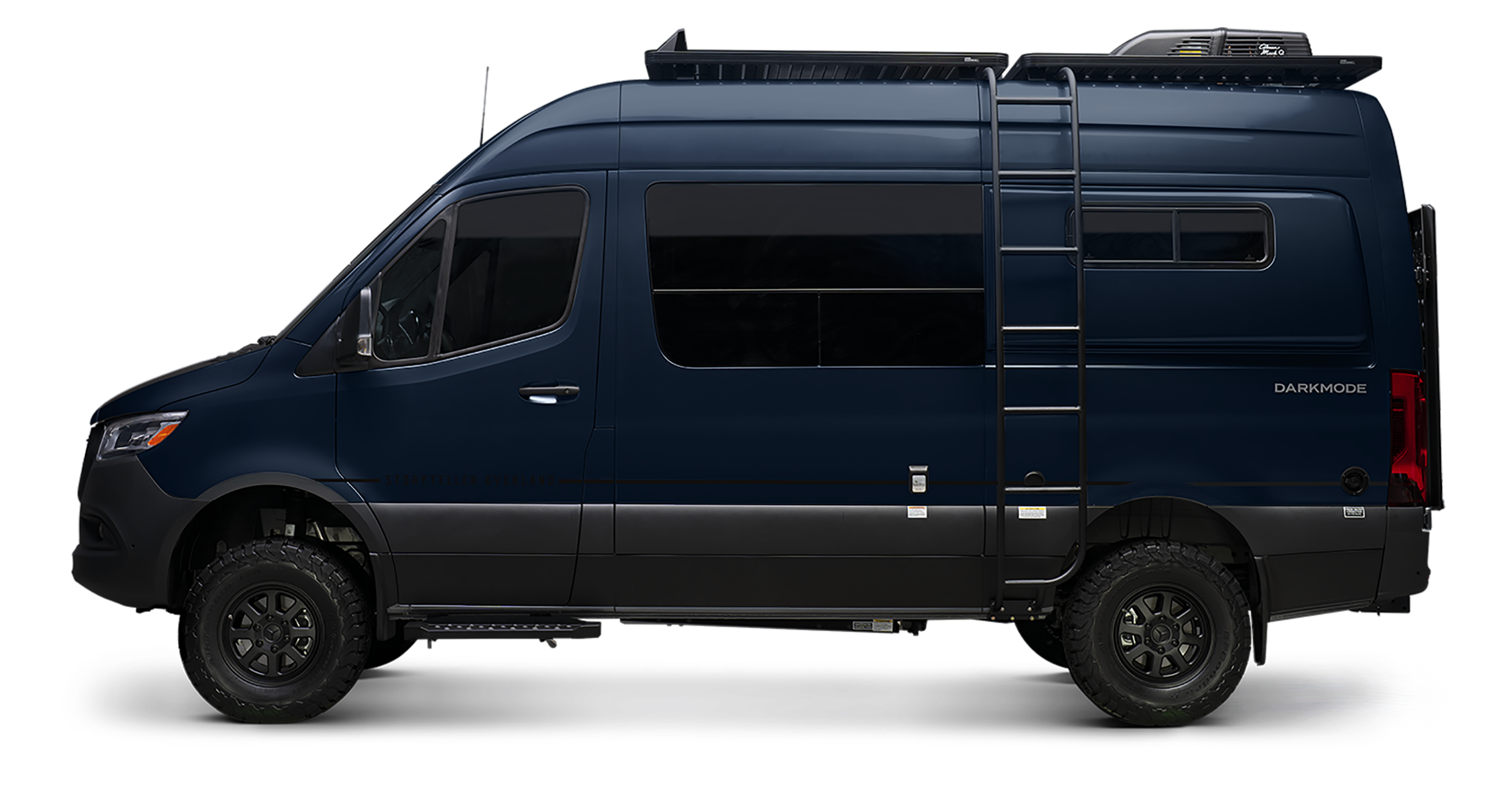 Dark blue Sprinter 4x4 camper van side view with ladder, offroad tires, overland adventure rig