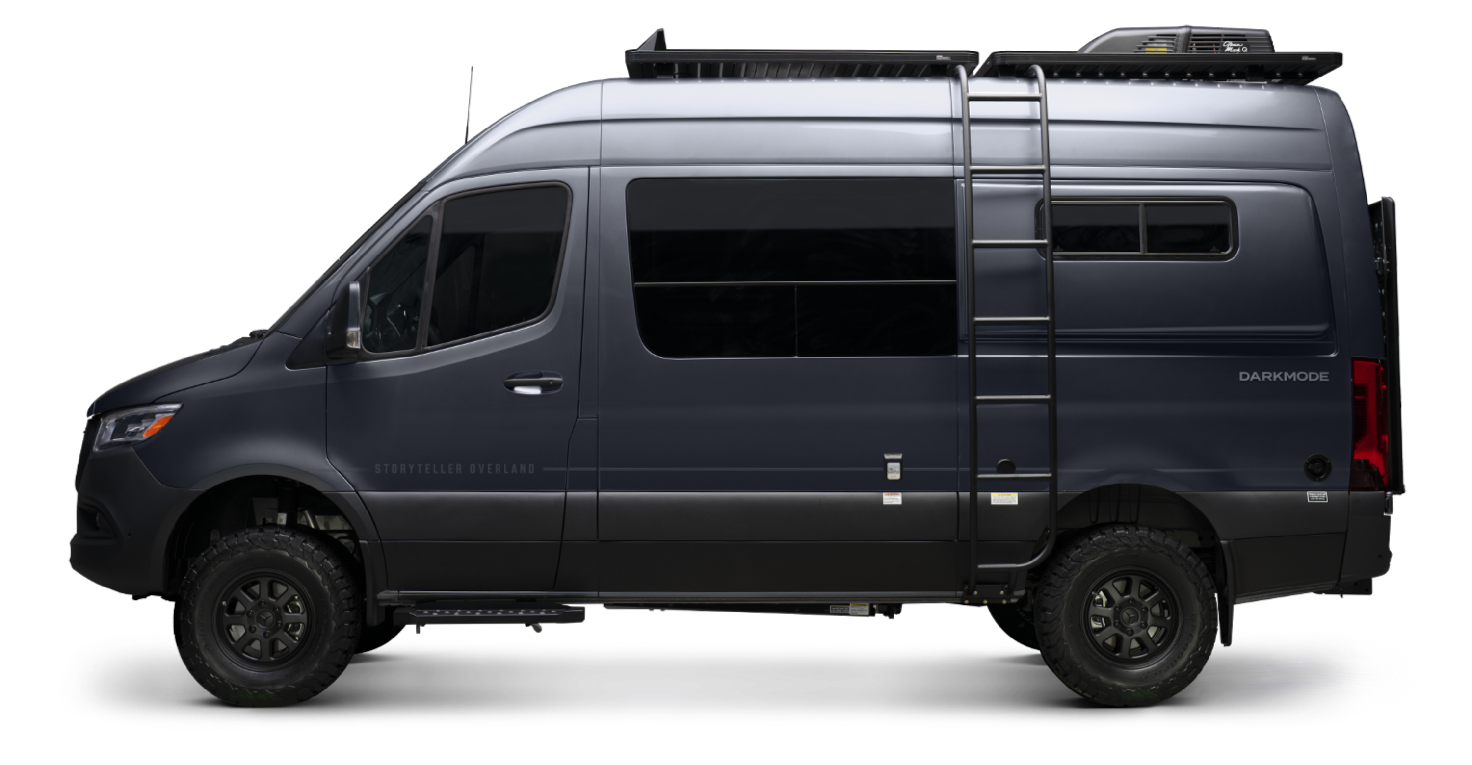 Dark blue Sprinter 4x4 adventure van side view with roof rack, ladder, offroad tires, campervan