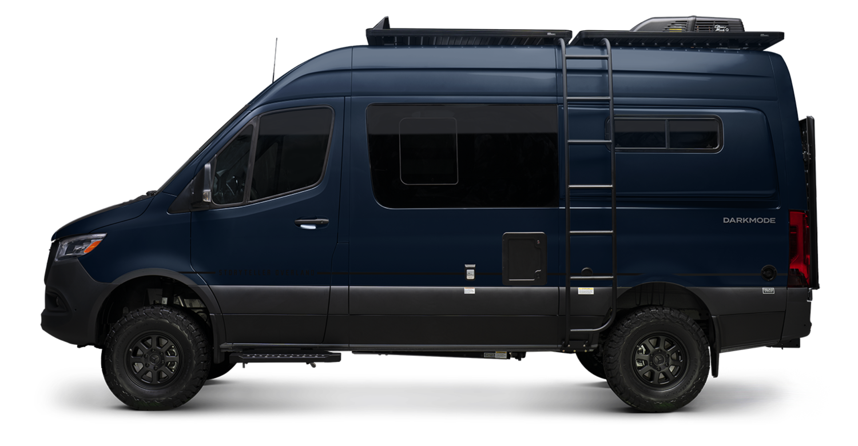 Dark blue Sprinter 4x4 adventure van with offroad tires, roof rack, and side ladder for van life