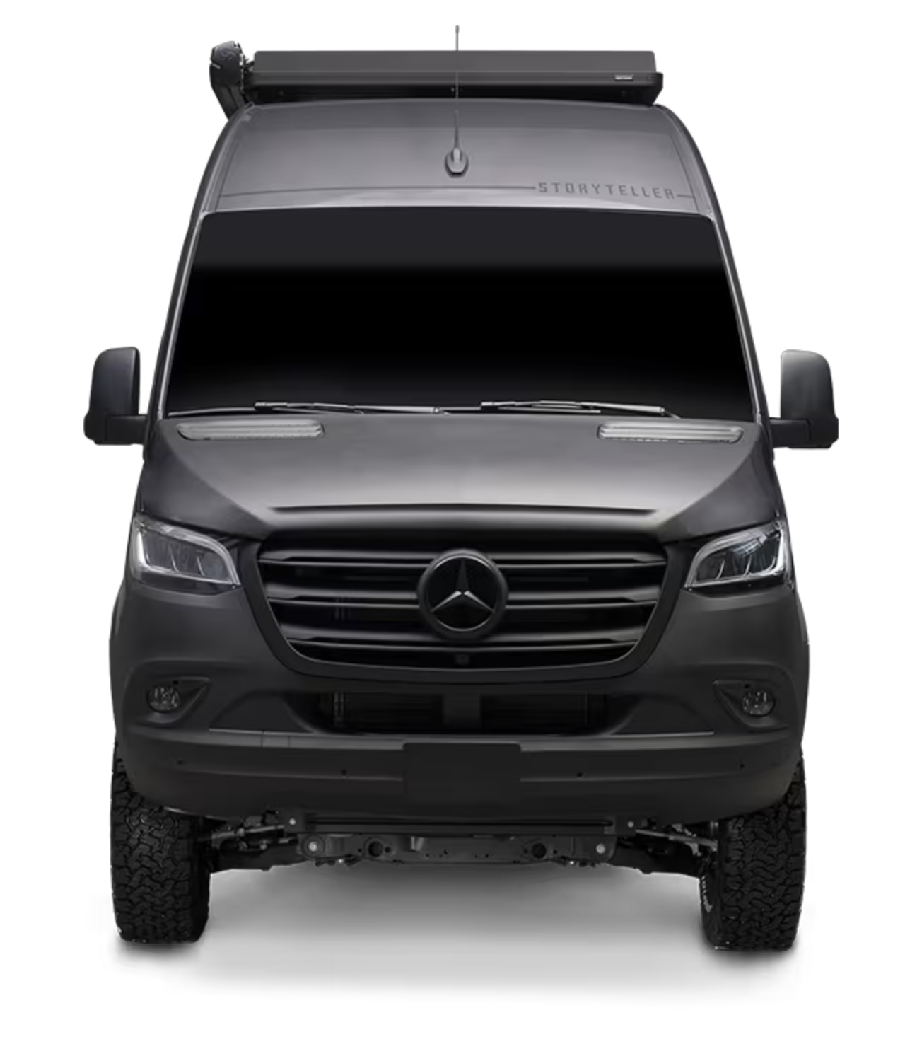 Front view of grey Sprinter 4x4 adventure van, offroad campervan for overland travel