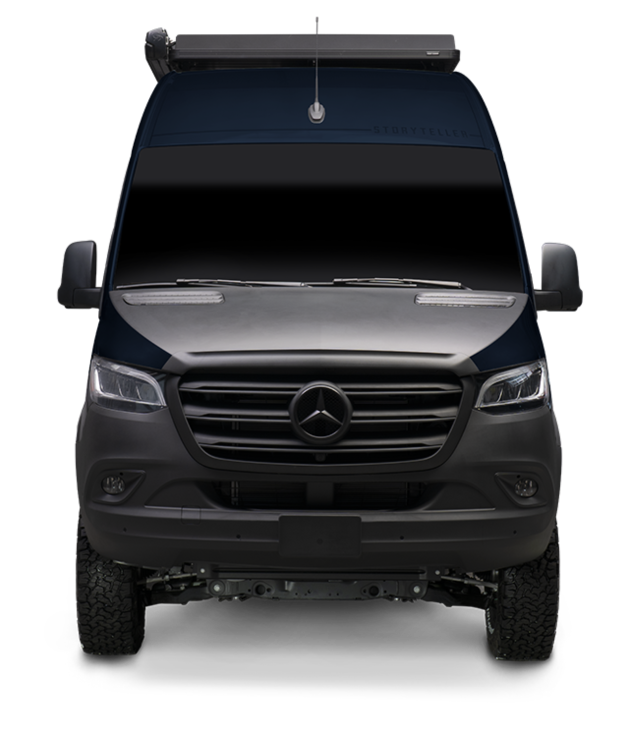 Front view of black Sprinter 4x4 adventure van, offroad campervan ready for overlanding.