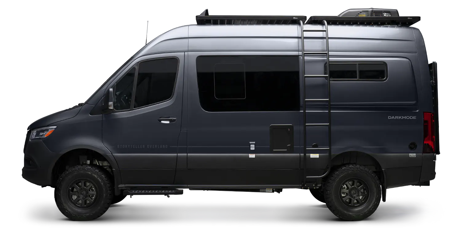 Dark blue 4x4 Sprinter camper van with roof rack and ladder, perfect for overlanding and vanlife.