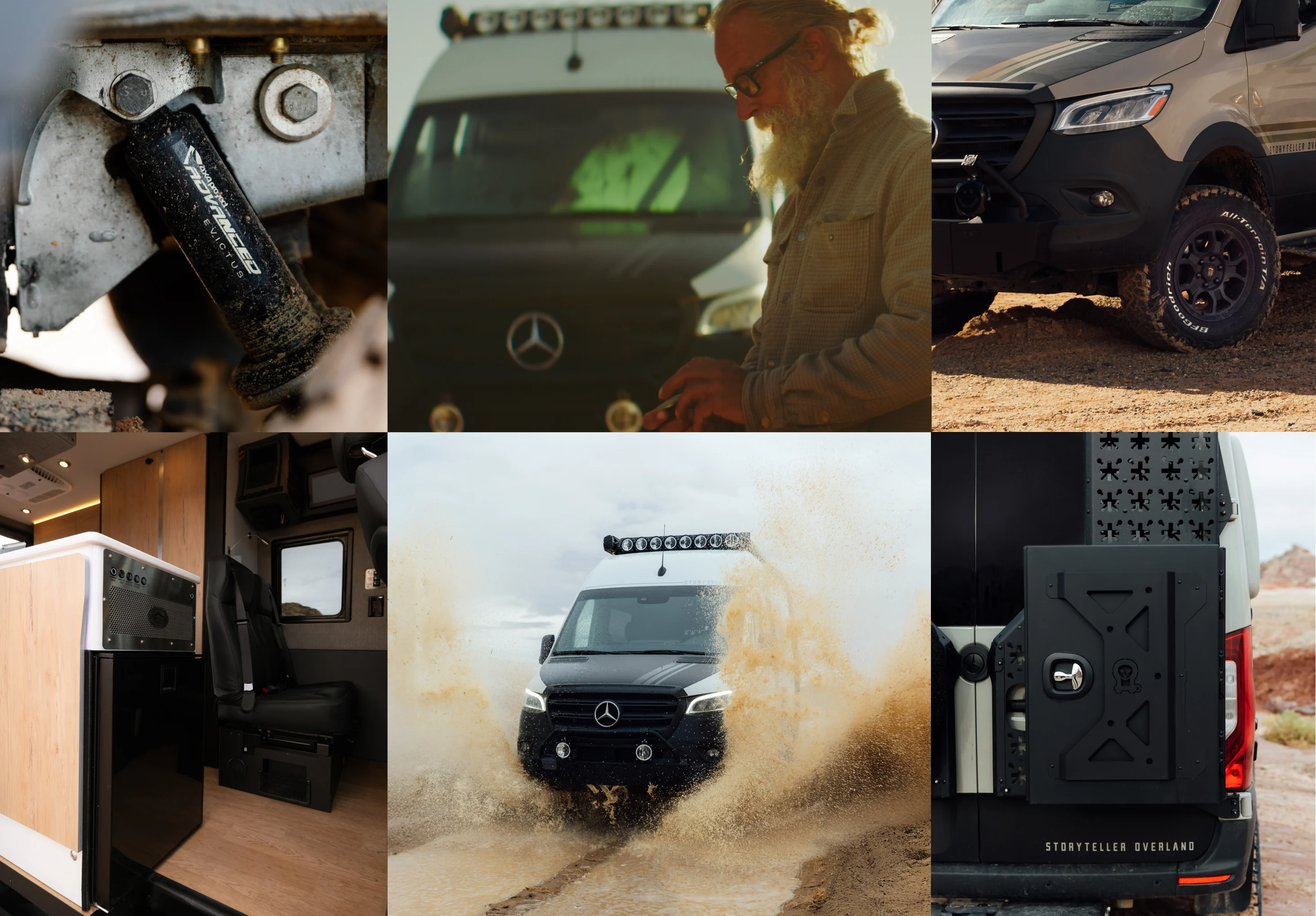 Collage of rugged Sprinter 4x4 camper van, offroad adventure van, vanlife interior, and overlanding action.