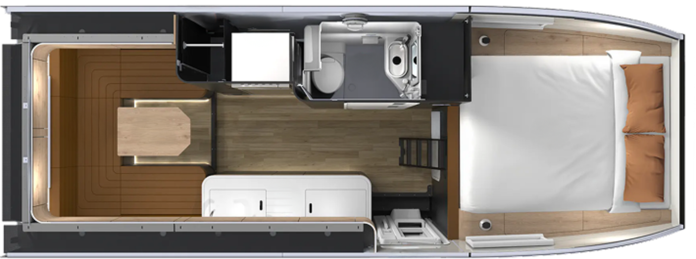 Camper van floor plan with bed, bathroom, kitchen, dinette area for overland adventure travel