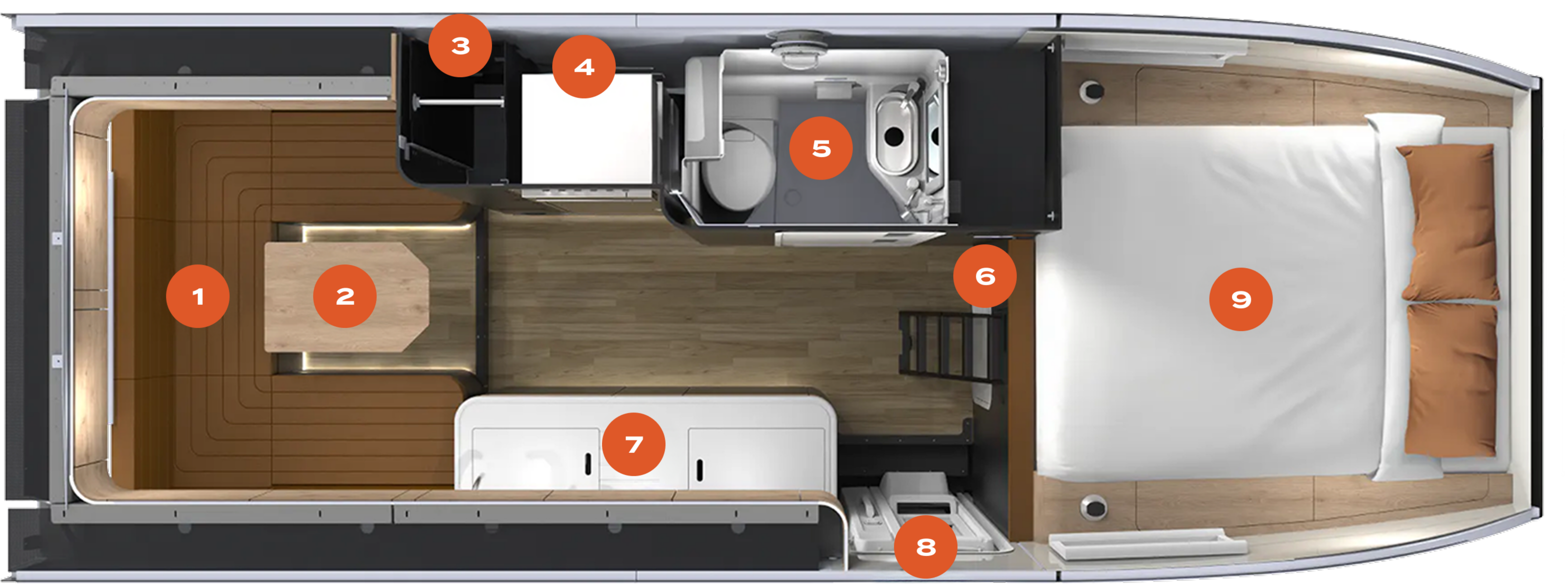 Camper van floor plan with labeled living area, kitchen, wet bath, bed and storage, ideal for adventure van, Class B RV, overland road trips, vanlife, and nomadic lifestyle.