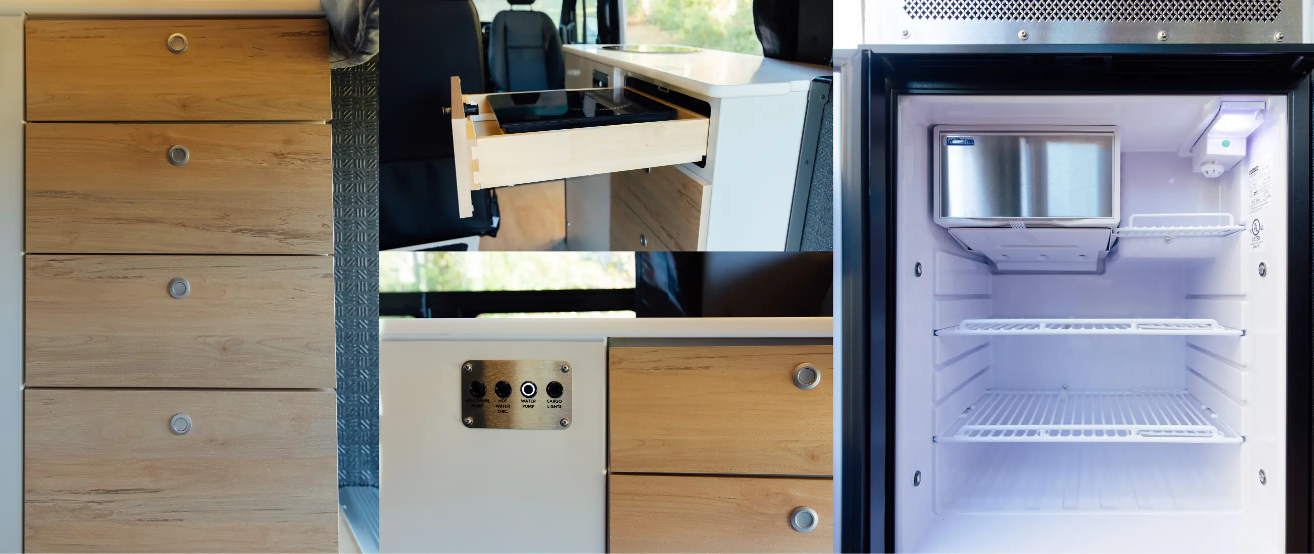 Camper van kitchen storage with wood drawers, control panel, and compact refrigerator, ideal for overlanding, vanlife, and adventure travel.