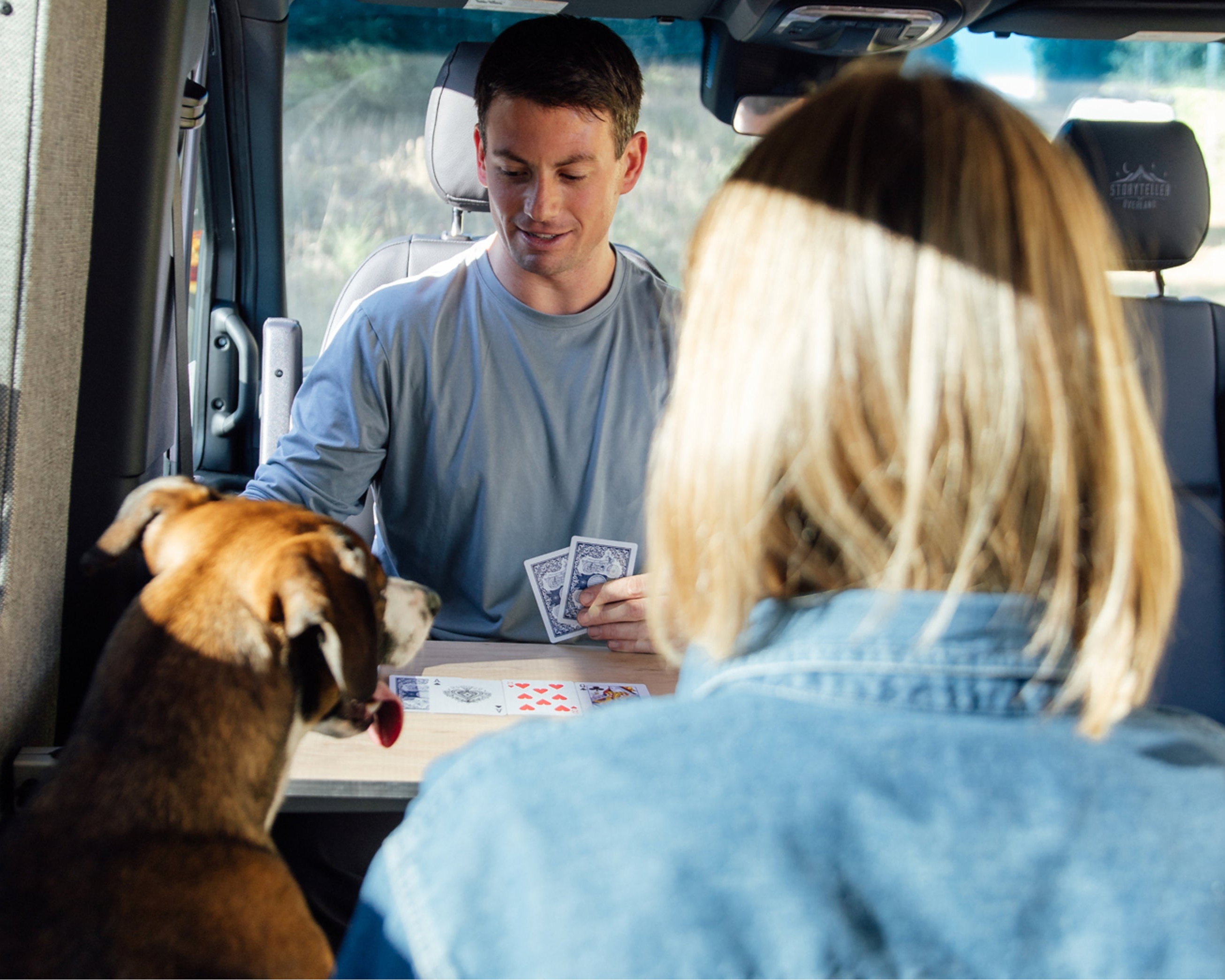 Playing cards with a dog inside a camper van, enjoying vanlife adventure travel