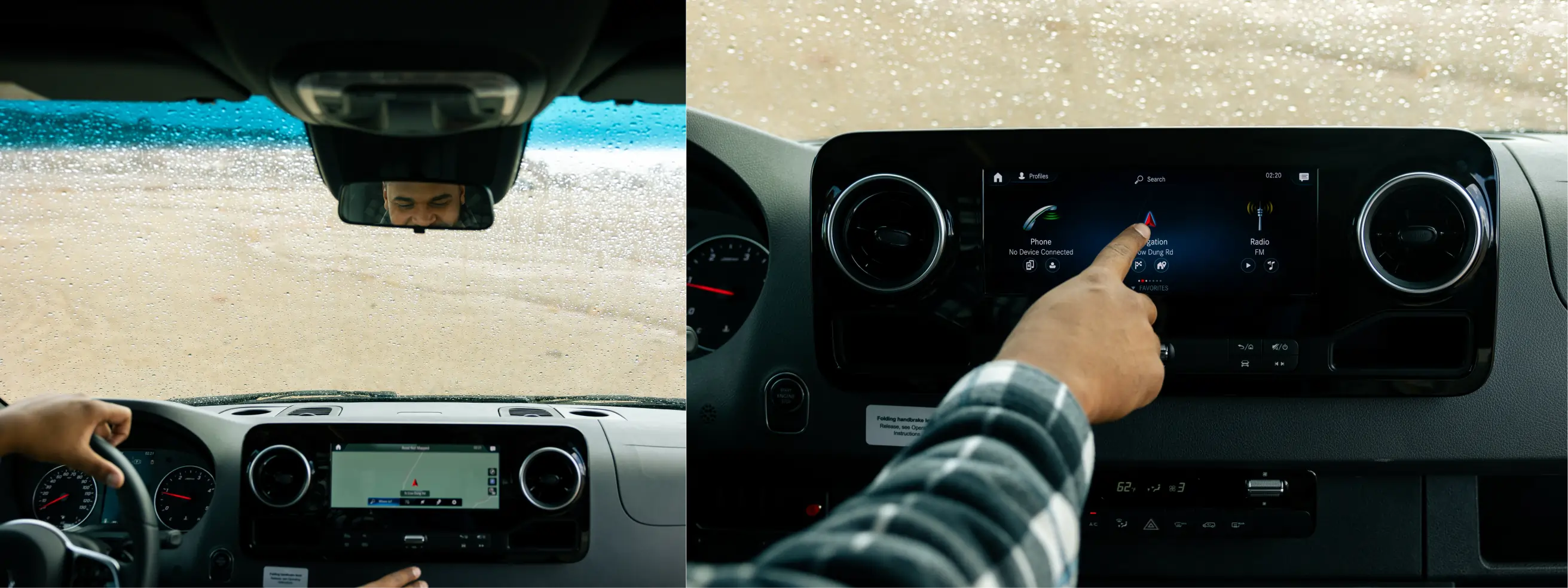 Sprinter camper van interior with hands on steering wheel and touchscreen navigation, ideal for overland, vanlife, and road trip adventures