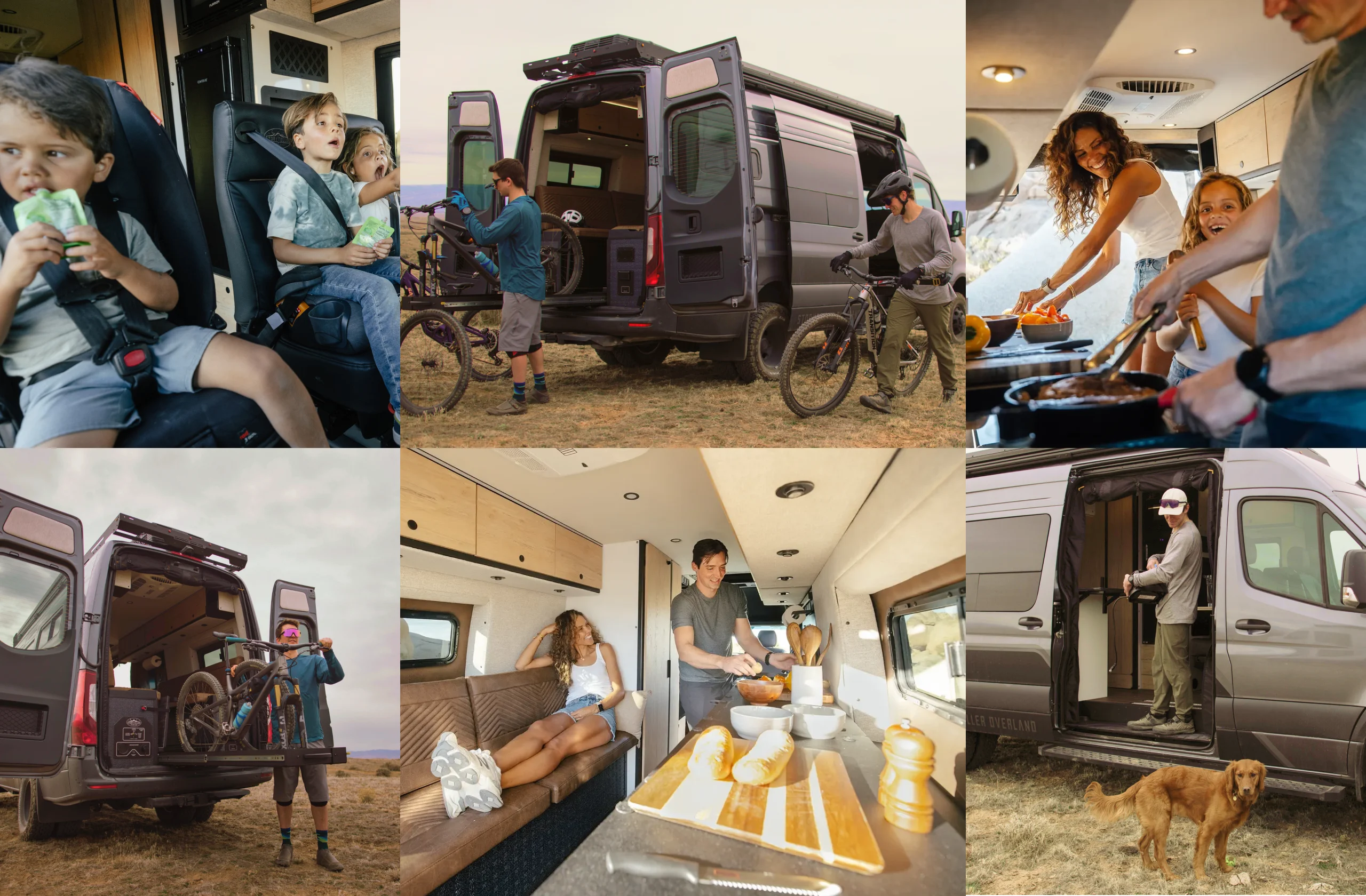 Family enjoying adventure travel and vanlife with a custom Beast MODE 4x4 camper van, mountain bikes, and outdoor activities.