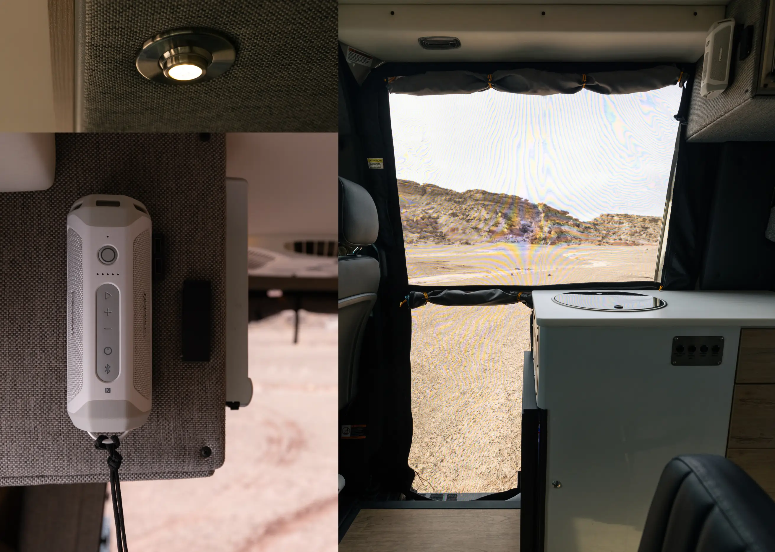Interior camper van window screen accessory, overland adventure van setup with lighting and speaker