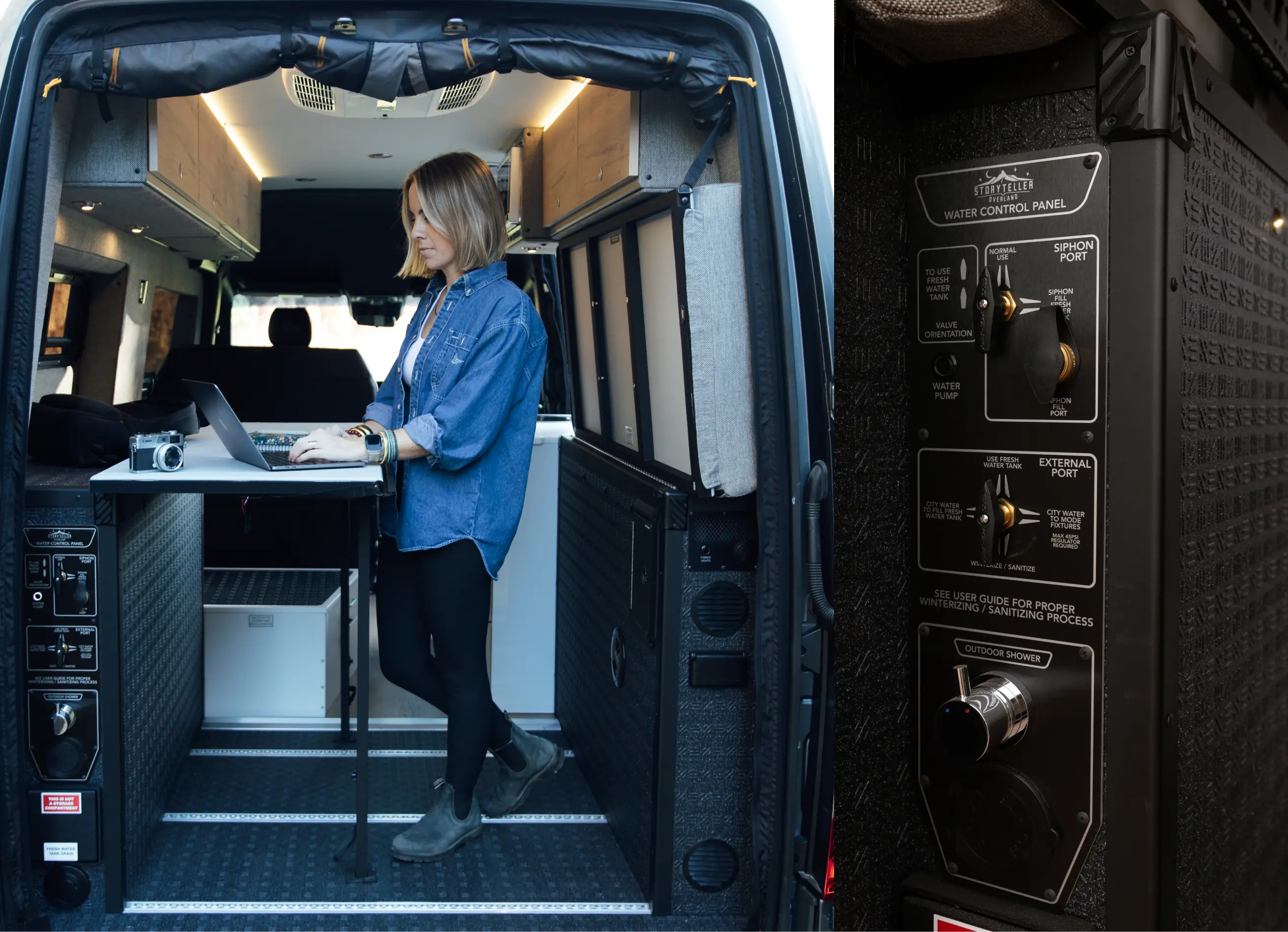 Woman working at a laptop inside a modern camper van, adventure van workspace setup